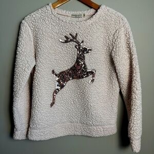 Chance or Fate Women's Light‎ Salmon Pink Sequin Reindeer Sherpa Sweater Top M